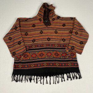 Yak & Yeti Nepal Knit Native Diamond Striped Sunrise Poncho Hoodie Sweater